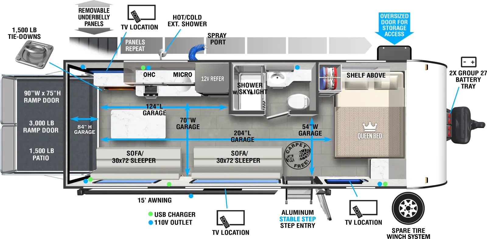 The Wildwood FSX 190RTK floorplan is a toy hauler that has one entry and zero slide outs. Exterior features include: fiberglass exterior and 15' awning. Interiors features include: front bedroom.